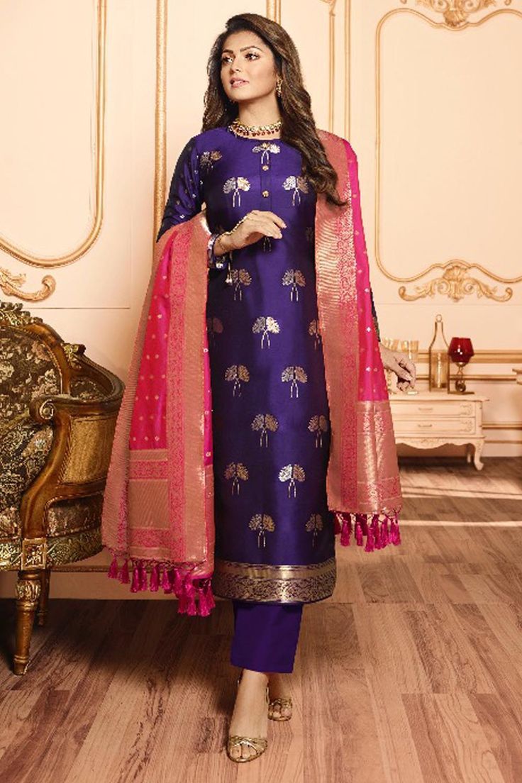 Buy Violet Silk Jacquard Long Suit. Shop a Party wear designer Pant Style Suit online at Best price, Purchase a Designer Pant Style Suit Online Available at rutbaa.com Silk Chudithar Designs, Banarsi Dupatta Suits Style, Banarsi Silk Suit Designs Indian, Silk Dupatta Suits, Unstitched Suits Design, Banarsi Suit Design Indian Style, Silk Suit Designs Indian, Banarasi Suit Design, Banarsi Suit Design