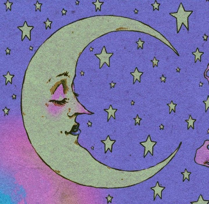 a drawing of a crescent moon and stars in the sky with purple, blue, yellow and pink colors