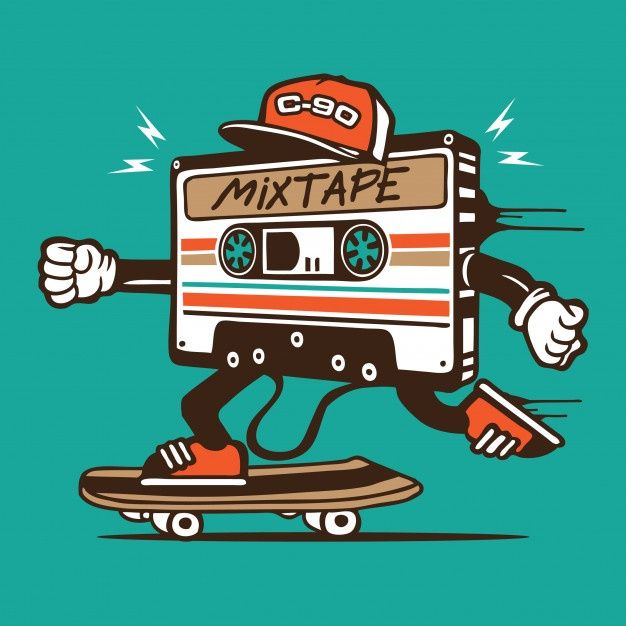 an old school cassette tape character skateboarding