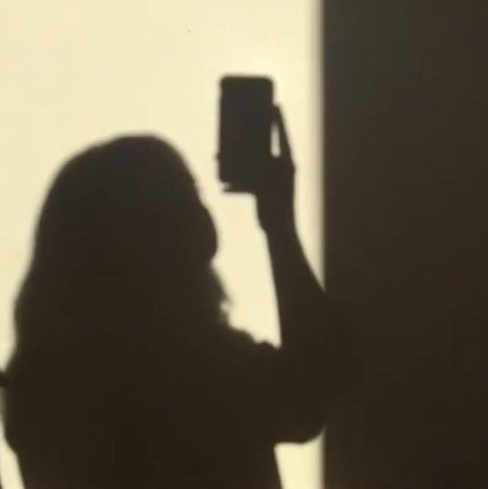 the shadow of a woman taking a photo with her cell phone