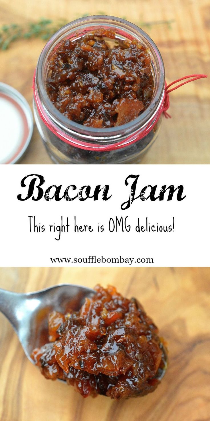 bacon jam in a glass jar and spoon with the words bacon jam above it on a wooden table