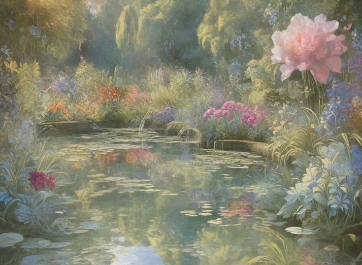 a painting of water lilies and other flowers