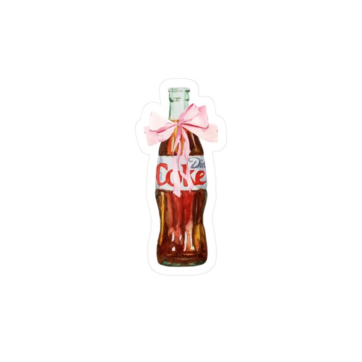 a watercolor drawing of a bottle of coke with a pink bow on the top