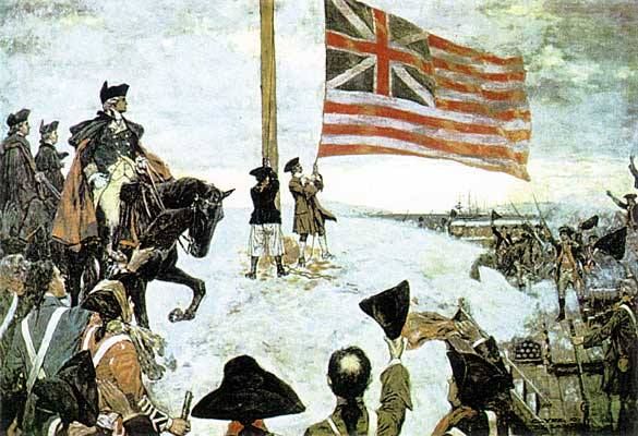 an image of a painting of men on horses in the snow with a flag flying above them