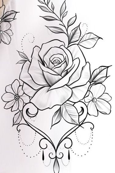 a drawing of a rose with leaves on it's side and another flower in the background