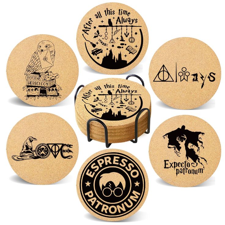 harry potter coasters and coaster set with hogwart's symbols on each one