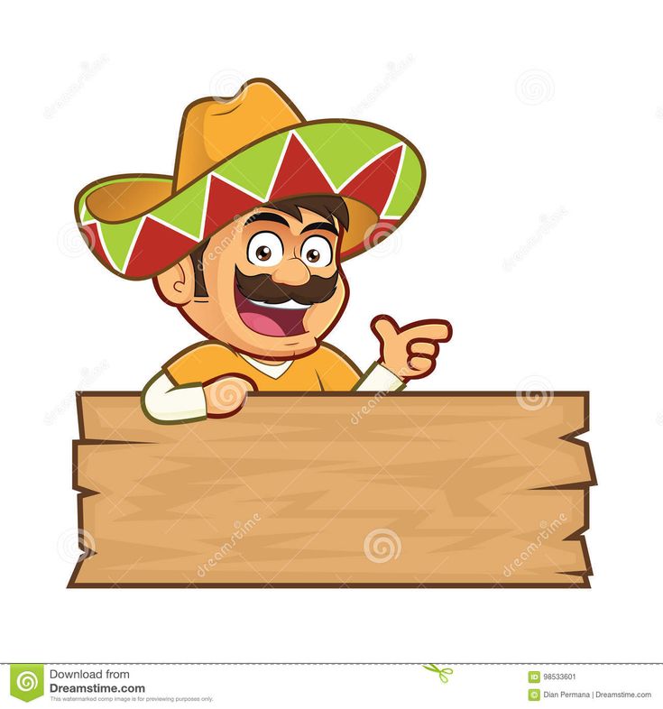 a cartoon mexican man with a mustache and sombrero pointing at a blank sign