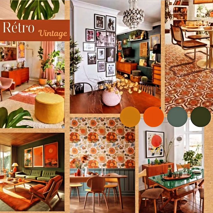 a collage of different rooms with orange and green accents