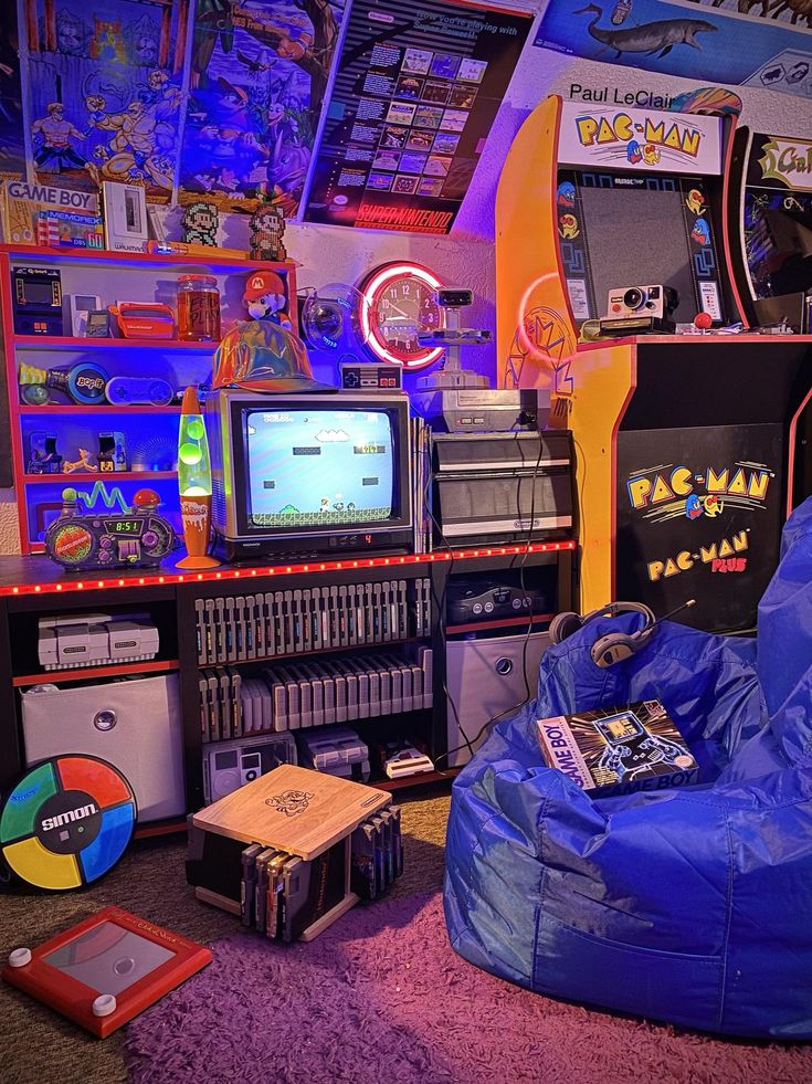 a room filled with lots of toys and games on top of carpeted flooring