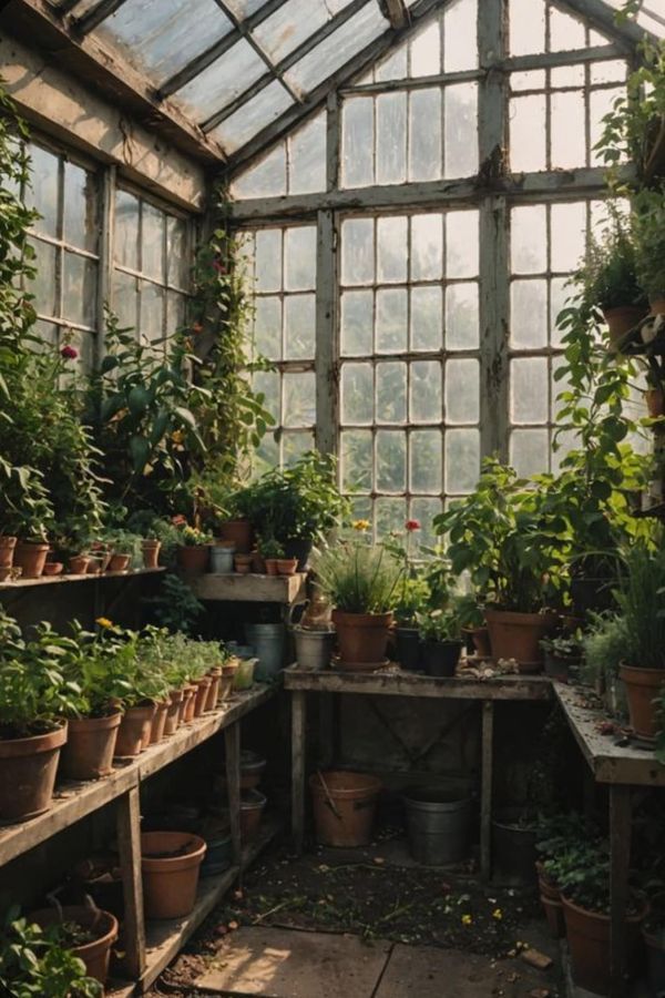 the inside of a greenhouse with lots of plants in pots and potted plants on shelves