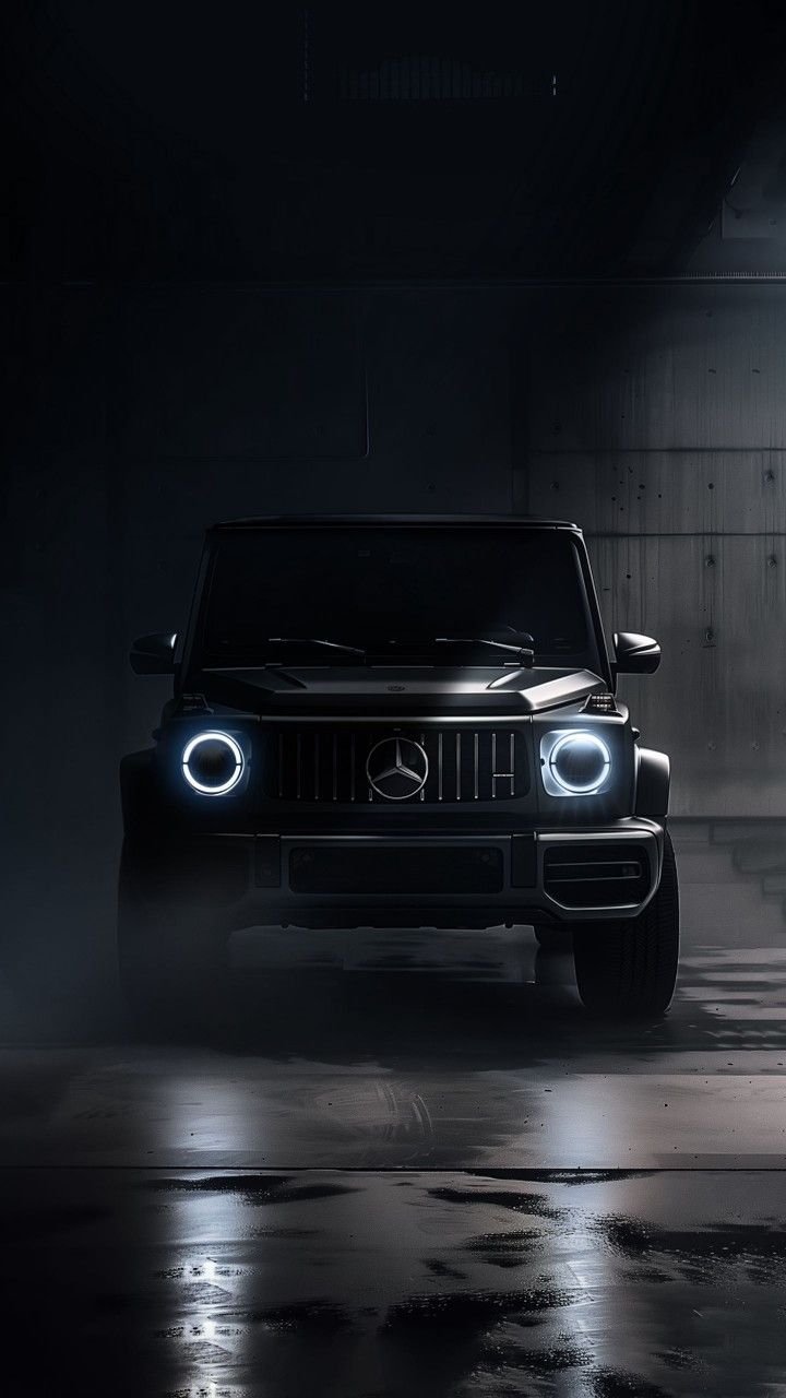 the front end of a black mercedes g - class suv in a dark parking garage