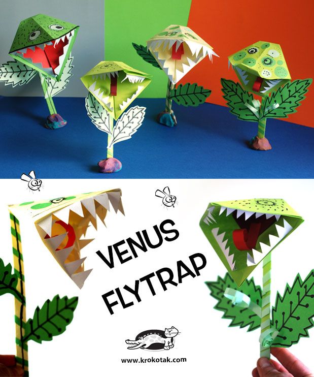 an origami version of venus flytrap is shown in three different views