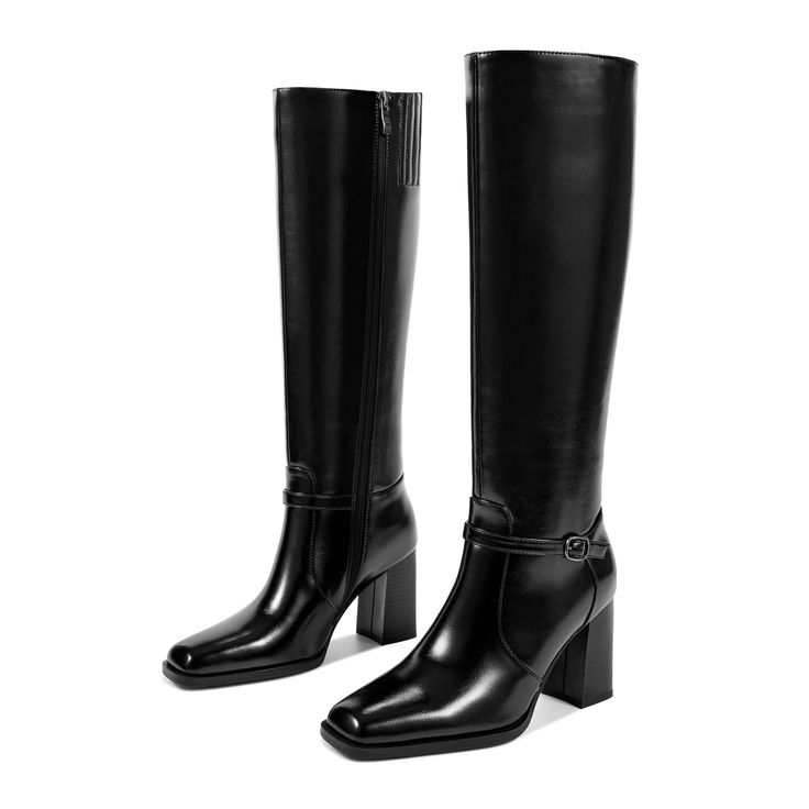 PRICES MAY VARY. SIZE: The heel height of black boots for women is 3.34"/8.5cm. This shoes balance heel height and comfort, with cushioned insoles and stable heels, you won't get tired even if you wear it all day. MATERIAL: The knee high chunky boots for women are made of PU leather and the lining is made of Jersey, breathable and comfy, suitable for all seasons. SQUARE TOE KNEE HIGH BOOTS: women's knee-high boots are designed with square toe and chunky heel, classic side zip closure is easy to Winter High Heel Knee-high Boots With Buckle Closure, Black Square Toe Heeled Boots For Winter, Buckle Closure Heeled Boots For Workwear, Winter Office Boots With Buckle Closure, High Ankle Heeled Boots For Office, Elegant Platform Boots With Buckle Closure, Black Martin Boots For Formal Occasions, Elegant Fall Platform Boots With Buckle Closure, Winter Office Heeled Boots With Block Heel