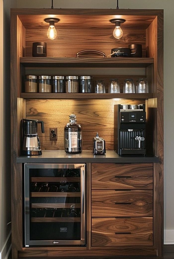 Home Bar And Coffee Station, Pantry With Coffee Station, Bar And Coffee Station Ideas, Koffie Stations, Coffee Bar In Kitchen, Bar In Kitchen, Office Coffee Station, Home Coffee Station, Coffee Lifestyle