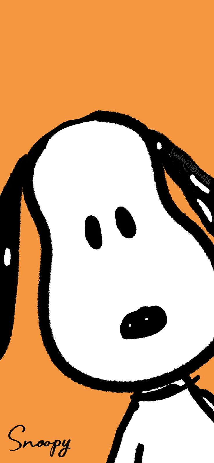 a drawing of a snoopy dog with black and white hair on an orange background