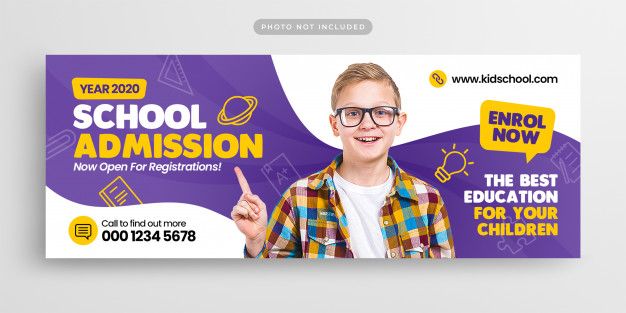 a purple and yellow school advertise with a boy pointing to the right side