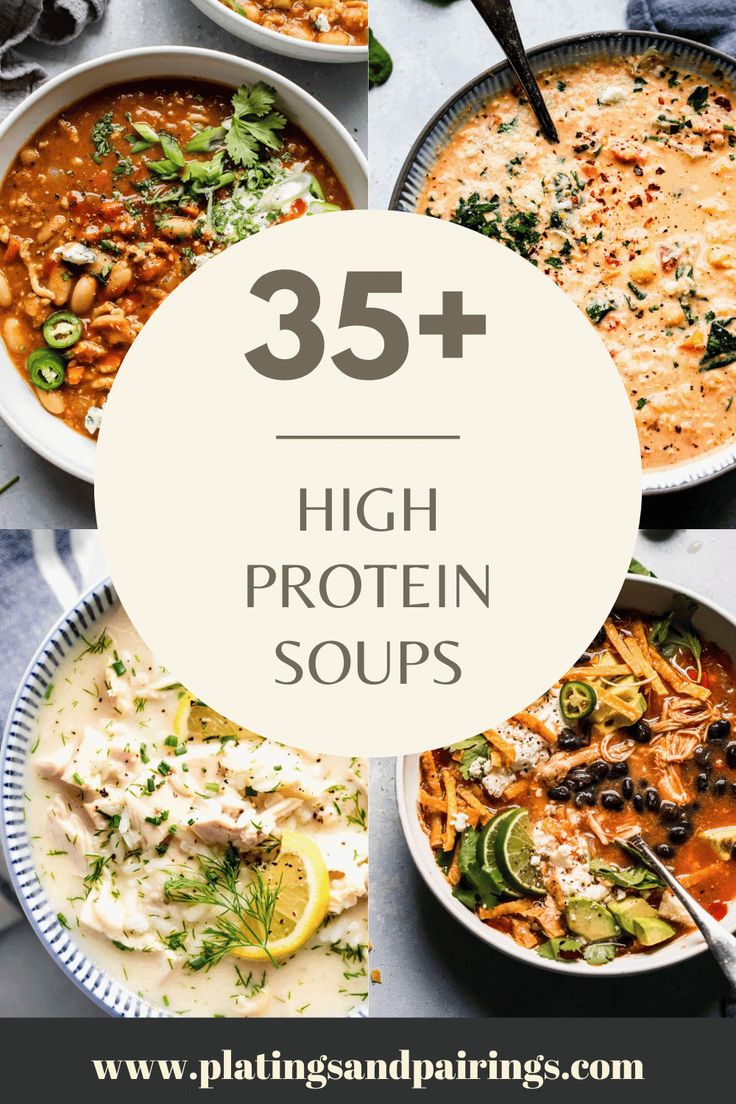 high protein soups with the title overlay reads 35 + high protein soups