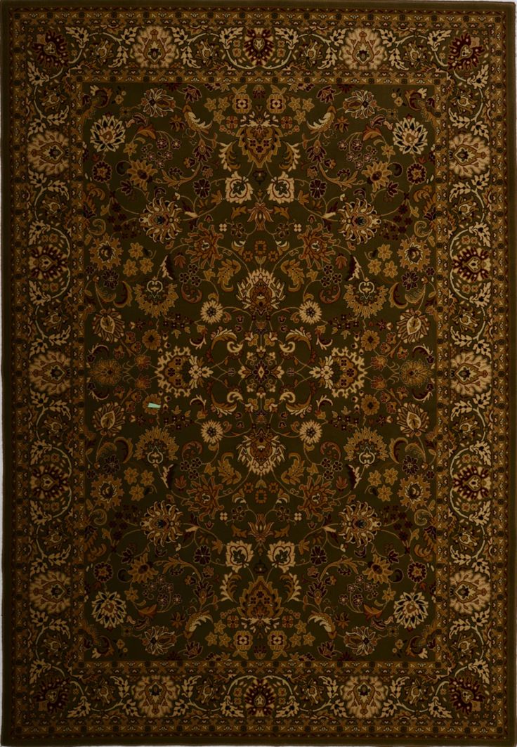 a rug with an ornate design on the center and sides, in dark green tones