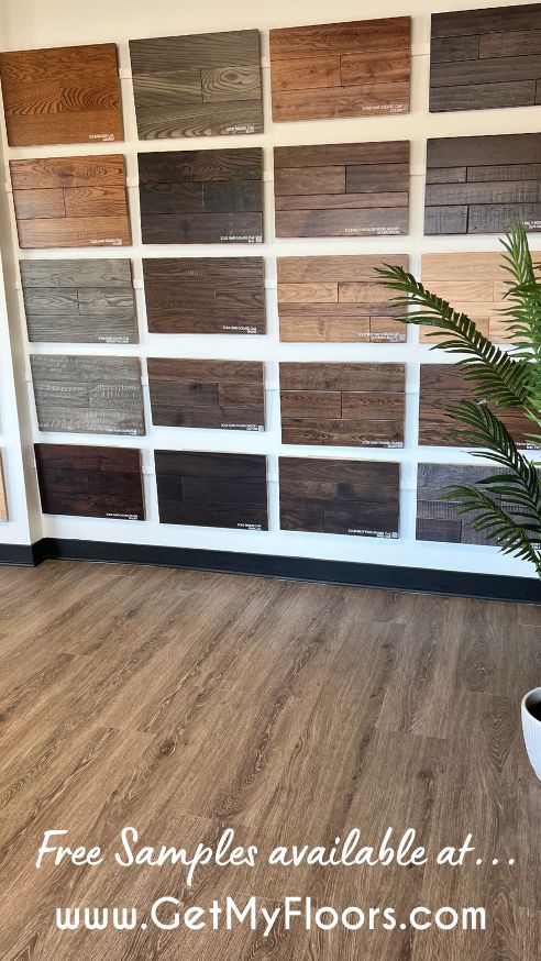 wood flooring samples are displayed in an empty room with a potted palm tree