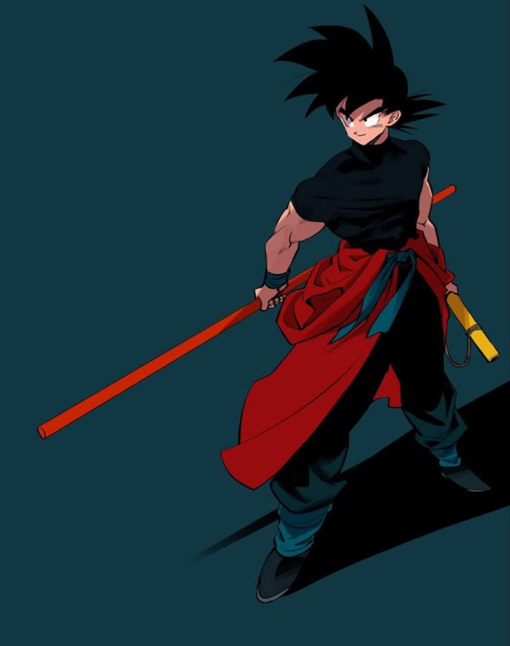 an anime character with black hair and red pants holding a long stick in his hand