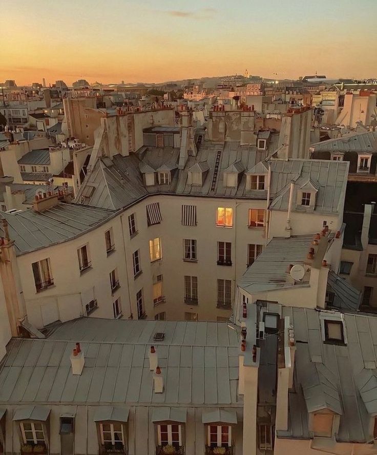 an aerial view of the roofs of buildings in paris, france at sunset or dawn