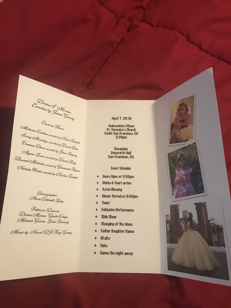 an open wedding program with pictures on it