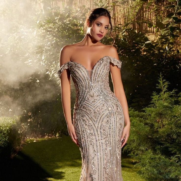 This Breathtaking Off-The-Shoulder Gown, Adorned With Linear Silver Crystal Beading And A Nude Hue, Creates An Ethereal Canvas That Shimmers With Every Movement. The Deep Sweetheart Neckline Adds A Touch Of Allure, Framing Your Silhouette With Timeless Elegance. Length: Long Color: Dusty Mauve Neckline: Deep Sweetheart Neck Silhouette: Sheath Sleeve: Sleeveless Back: Semi-Open, Zipper Embellishments: Beads Occasion: Romantic Date/Evening/Dinner, Wedding/Bridesmaid, Graduation, Fashion Show, Visi White And Gold Evening Gown, Great Gabsty Prom Dresses, Winning Pageant Gowns Miss Usa, Mom Of Quinceanera Dress, Mother Of The Quinceanera Dresses, Sparkly Evening Dress, Silver Formal Dress, Museum Restaurant, Georges Hobeika Couture