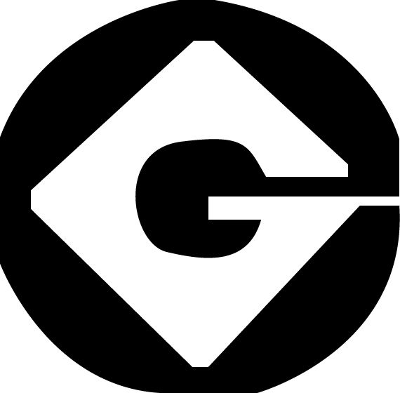 a black and white circle with the letter g in it's center, surrounded by an arrow