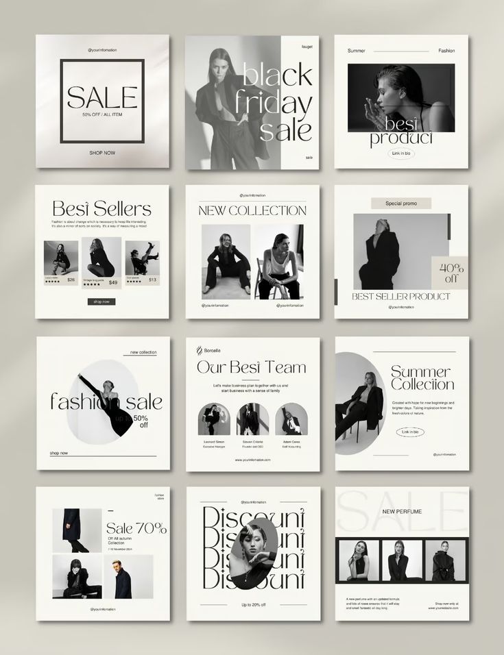 an assortment of black and white brochures with different images on them, all showing women's clothing