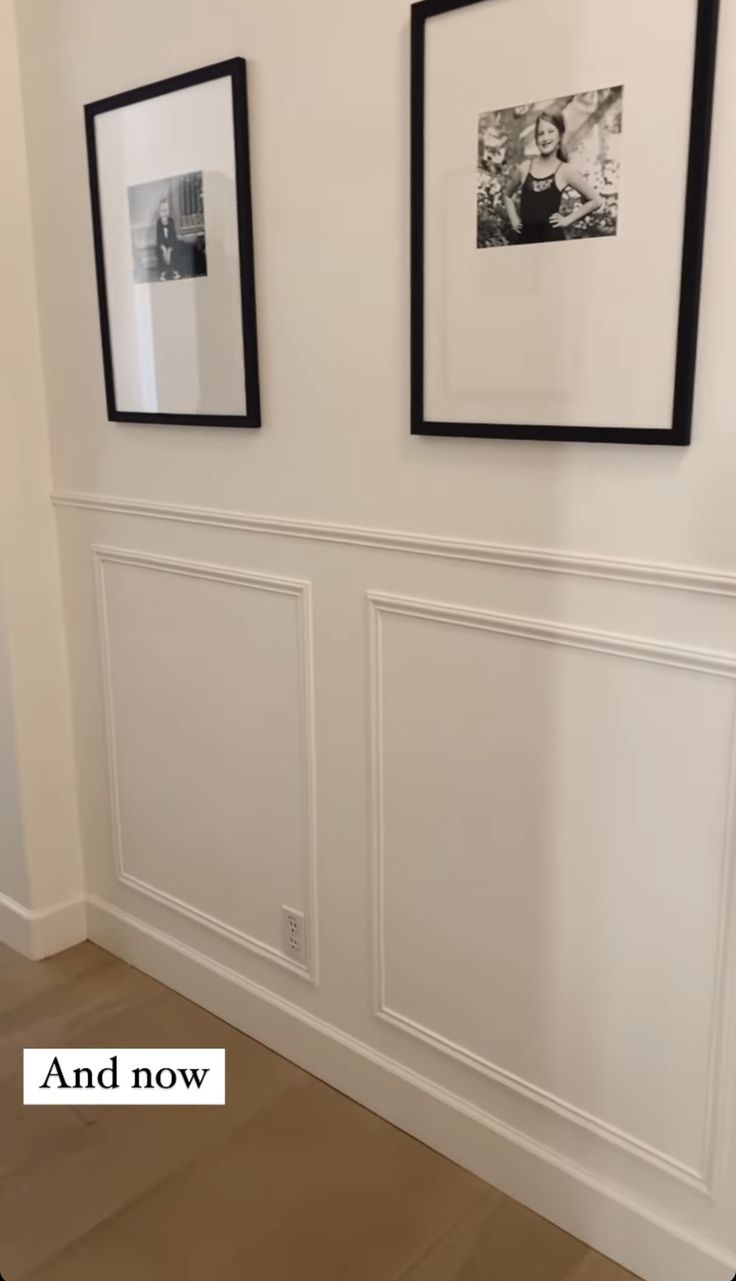 two black and white pictures hanging on the wall next to each other with text overlay that reads and now