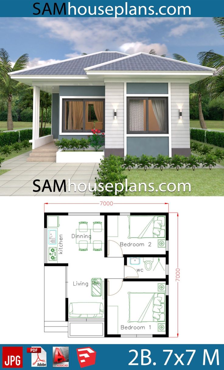 the floor plan for a small house with 2 beds and an attached bathroom in it