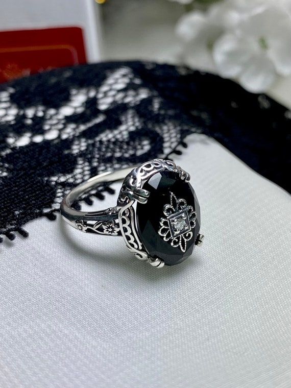 Onyx-black Ring Sterling Silver/ Embellished CZ Moissanite - Etsy Luxury Victorian Black Ring, Luxury Black Engraved Hallmarked Ring, Luxury Gothic Rings With Intricate Design, Luxury Traditional Black Ring, Luxury Black Filigree Ring, Luxury Black Classic Engraved Ring, Vintage Black Alaskan Diamond Rings, Luxury Black Heirloom Engraved Ring, Luxury Hallmarked Black Engraved Ring