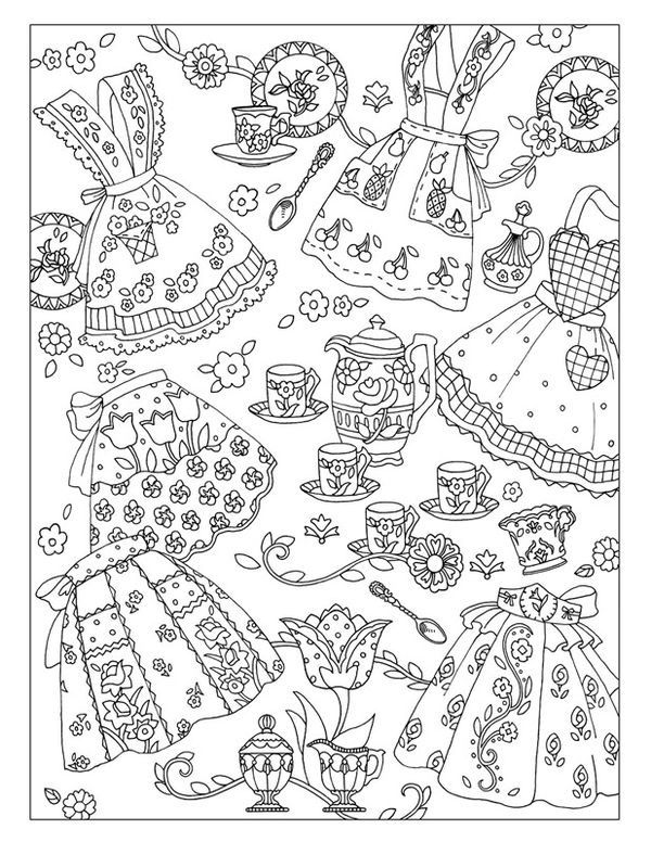 an adult coloring book with lots of clothes and teacups on the table, in black and white