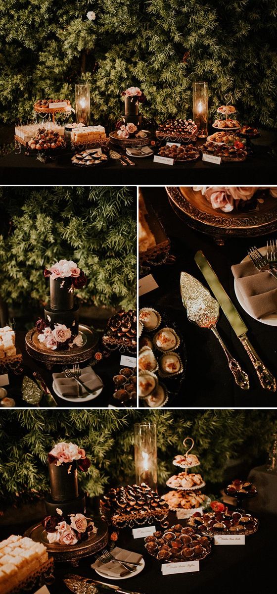 the table is full of desserts and pastries