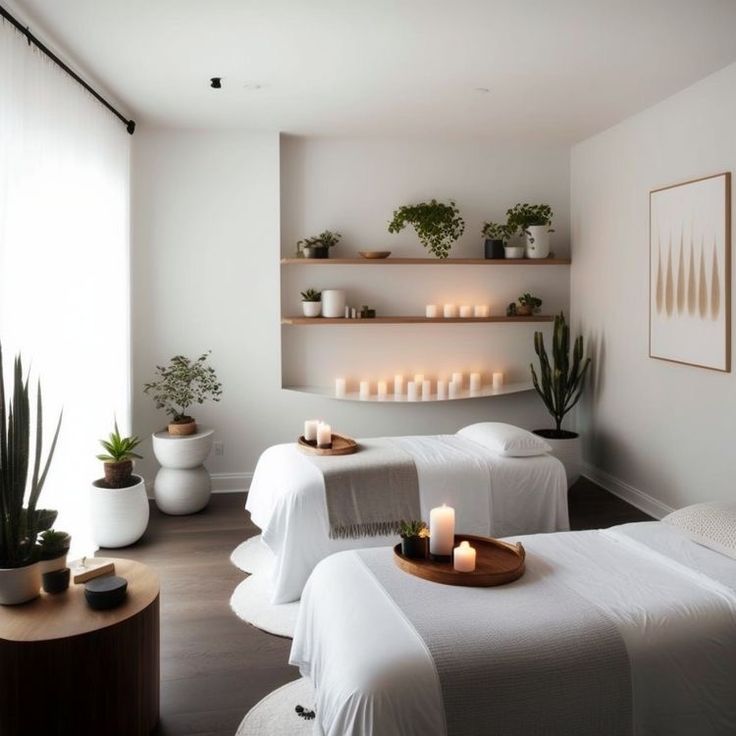 two spa beds with candles on them in a room filled with potted plants and succulents