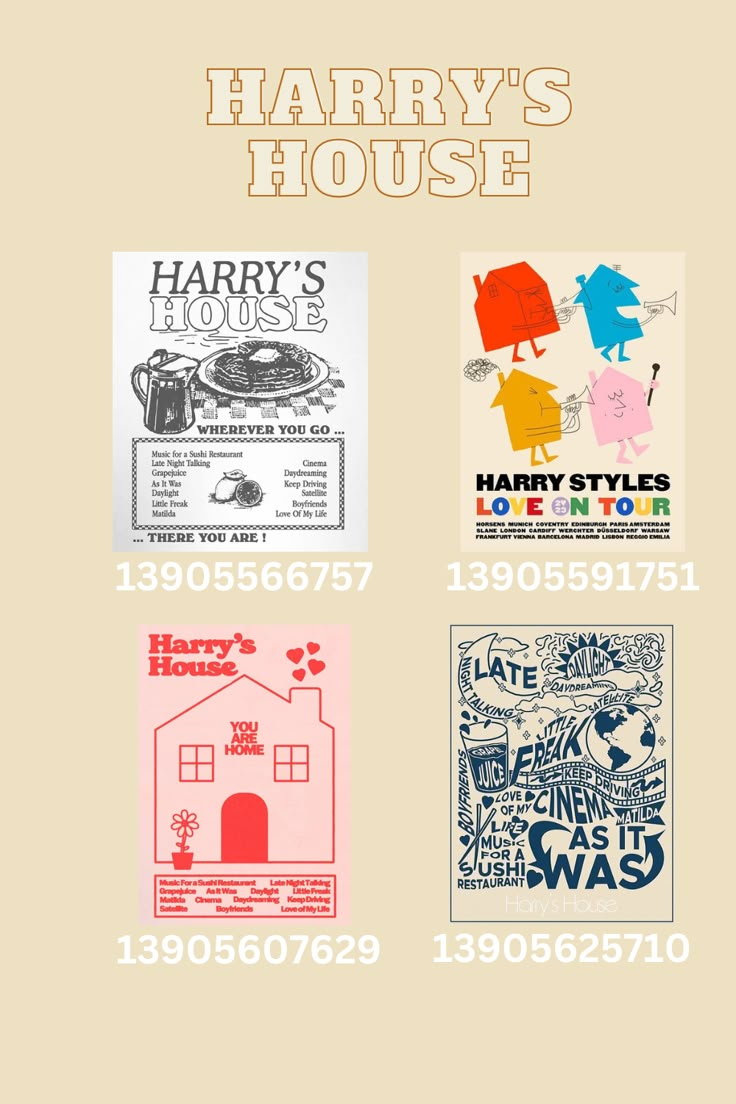 the harry's house poster is shown in three different colors and sizes, including pink,