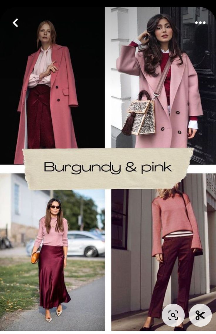 Burgundy Jeans Outfit Summer, Work Outfits With Burgundy Pants, Red And Magenta Outfit, Color That Goes With Pink, Burgundy And Blush Outfit Ideas, Pink Winter Outfits For Women, Berry Colored Outfits, Brunette In Pink Outfit, Mauve And Burgundy Outfit