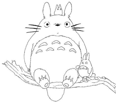 the cartoon totoro is sitting on top of a branch with two small rabbits