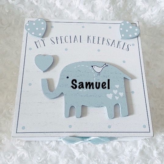 a card with an elephant and hearts on it's back that says, my special keepsakes samuel