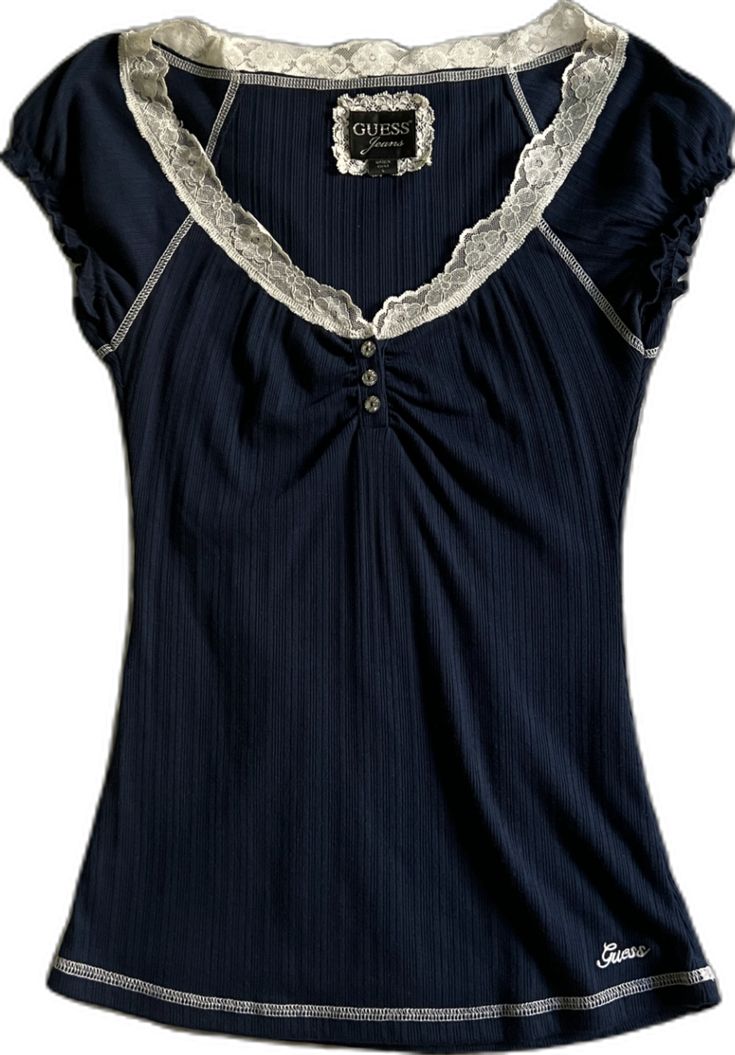 guess navy blue henley top with jeweled/rhinestone buttons and lace trim . #bellaswan #elenagilbert #fashion #inspo #dolly #dollette #y2k #thevampirediaries #twilight #2000sfashion Dark Blue Y2k Outfit, Dark Blue Outfits Aesthetic, Blue Y2k Outfit, Blue Henley, Tøp Aesthetic, Y2k Long Sleeve, Blue Y2k, Navy Outfit, Bella Swan