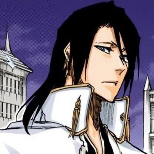 an anime character with long black hair and white shirt in front of a cityscape