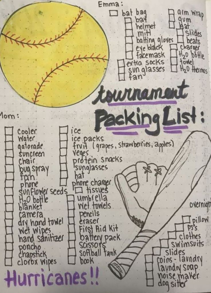 a hand drawn page with an image of a baseball, bat and ball on it