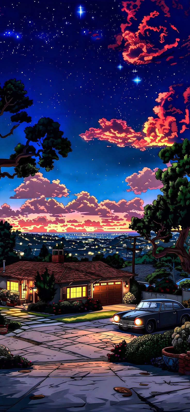 the night sky is full of stars and clouds, as seen from a suburban street