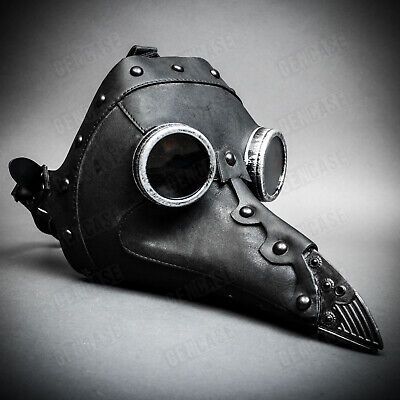 a leather mask with goggles on the face and eye patched in metal rivets