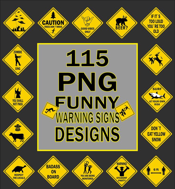 various warning signs are shown in yellow and black on a gray background with the words'15 png funny warning signs '