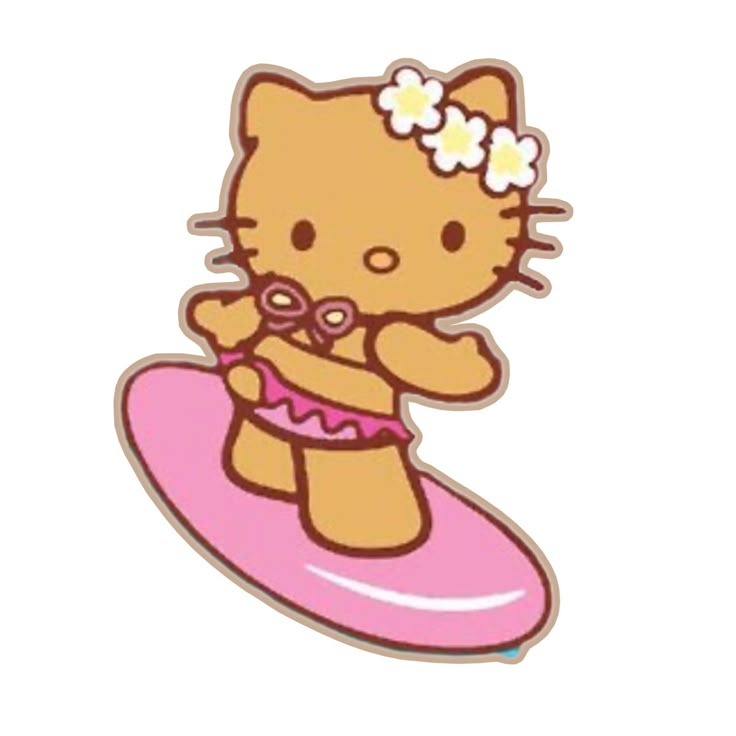 a hello kitty sticker sitting on top of a surfboard with a flower in her hair