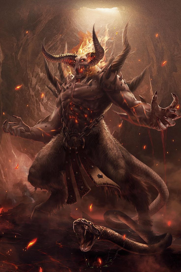 a demonic demon with horns on his head and arms outstretched in the air, surrounded by flames