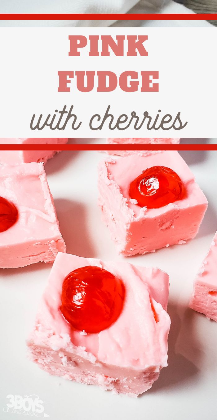 pink fudge with cherries on a white plate and text overlay that reads, pink fudge with cherries