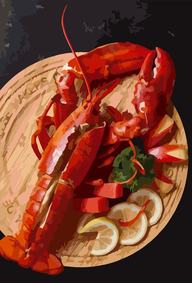 a painting of lobsters and lemon slices on a plate