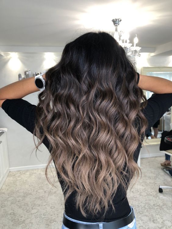 Blonde Balayage To Dark Balayage, Dark Brown And Blonde Ombre Hair, Black Hair And Balayage, Bayalage Black Hair Medium Length, 2023 Ash Brown Hair, Hair Color Ideas For Black Hair Tips, Pretty Dark Hair With Highlights, Curtain Bangs Long Hair Brown Balayage, Brunette To Gray Balayage